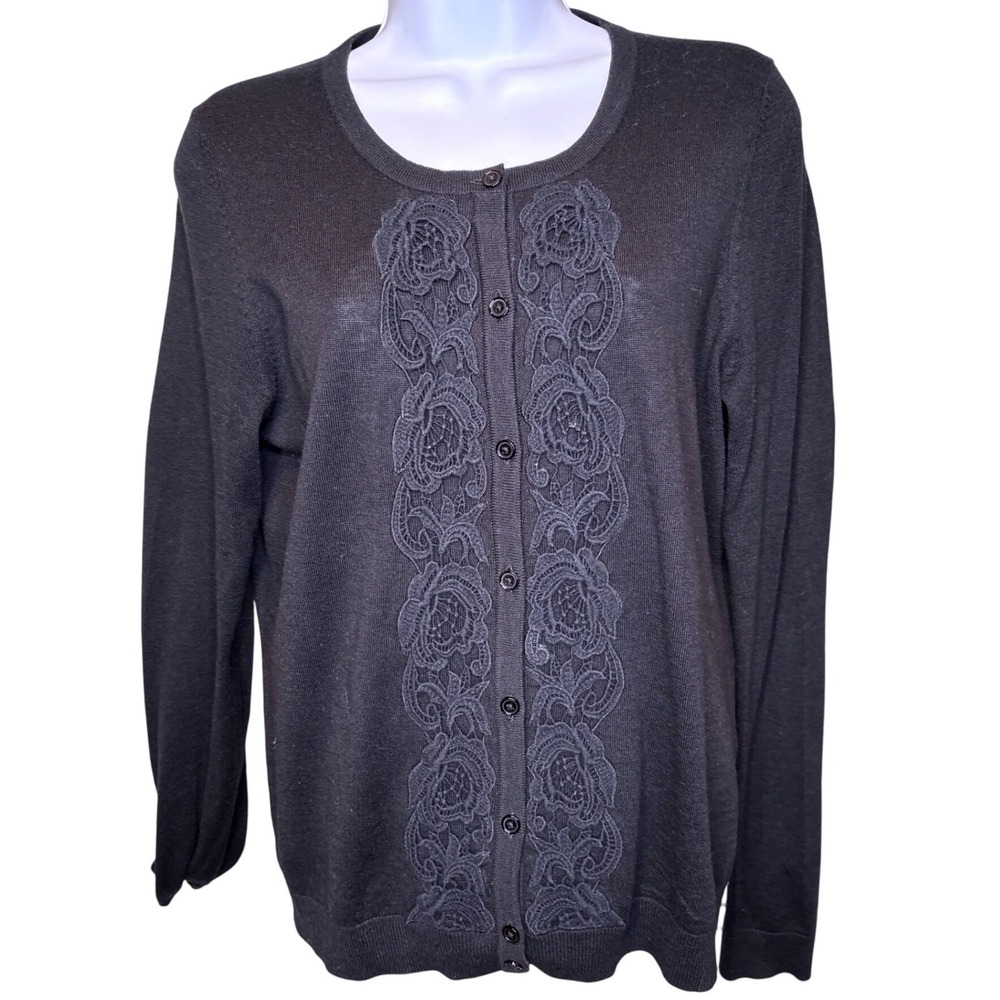 Talbots Womens Black Lace Front Cardigan Sweater Sz M Light Wool Blend Feminine